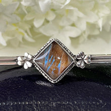 Load image into Gallery viewer, Antique Edwardian Butterfly Wing Sterling Silver Bar Brooch. English Art Nouveau Lucky Shamrock Lapel Pin, Large Cravat/Stock Pin