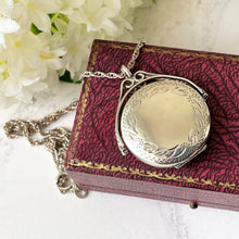 Carica l'immagine nel visualizzatore di Gallery, Vintage English Sterling Silver Engraved Spinner Locket. Victorian Revival 2-Sided Spinning Pendant Locket. Fob Style Pendant Locket & Chain