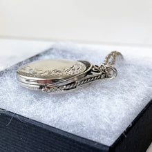 Carica l'immagine nel visualizzatore di Gallery, Vintage English Sterling Silver Engraved Spinner Locket. Victorian Revival 2-Sided Spinning Pendant Locket. Fob Style Pendant Locket & Chain