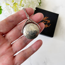 Carica l'immagine nel visualizzatore di Gallery, Vintage English Sterling Silver Engraved Spinner Locket. Victorian Revival 2-Sided Spinning Pendant Locket. Fob Style Pendant Locket & Chain