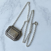 Load image into Gallery viewer, Victorian Aesthetic Engraved Swallow &amp; Bamboo Pendant Style Necklace. Antique Sterling Silver Double Bail Rectangular Pendant, Belcher Chain
