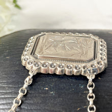 Charger l'image dans la galerie, Victorian Aesthetic Engraved Swallow & Bamboo Pendant Style Necklace. Antique Sterling Silver Double Bail Rectangular Pendant, Belcher Chain