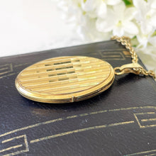 Carica l'immagine nel visualizzatore di Gallery, Vintage 1960s Rolled Gold Oval Locket, Andreas Daub Germany. Art Deco Style Guilloche Engraved Photo Locket Pendant. Gold Locket & Chain
