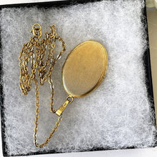 Carica l'immagine nel visualizzatore di Gallery, Vintage 1960s Rolled Gold Oval Locket, Andreas Daub Germany. Art Deco Style Guilloche Engraved Photo Locket Pendant. Gold Locket & Chain