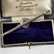 Load image into Gallery viewer, Antique Edwardian Butterfly Wing Sterling Silver Bar Brooch. English Art Nouveau Lucky Shamrock Lapel Pin, Large Cravat/Stock Pin