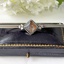 Load image into Gallery viewer, Antique Edwardian Butterfly Wing Sterling Silver Bar Brooch. English Art Nouveau Lucky Shamrock Lapel Pin, Large Cravat/Stock Pin