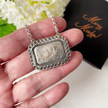 Charger l'image dans la galerie, Victorian Aesthetic Engraved Swallow & Bamboo Pendant Style Necklace. Antique Sterling Silver Double Bail Rectangular Pendant, Belcher Chain