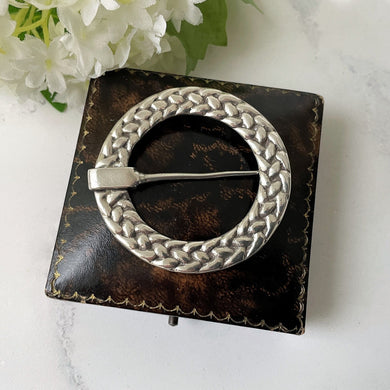 Antique Scottish Silver Annular Ring Brooch, Alexander Ritchie. Arts & Crafts Celtic Braided Knotwork Pin. Sterling Tartan/Plaid/Kilt Pin