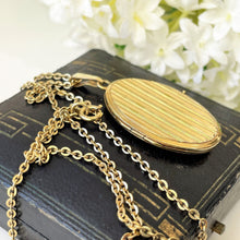Carica l'immagine nel visualizzatore di Gallery, Vintage 1960s Rolled Gold Oval Locket, Andreas Daub Germany. Art Deco Style Guilloche Engraved Photo Locket Pendant. Gold Locket & Chain