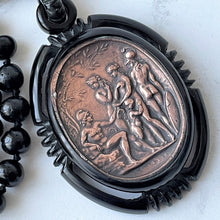Cargar imagen en el visor de la galería, Vintage Art Deco Galalith & Bronze Pendant Necklace. 1930s Black Bakelite 30" Long Statement Necklace. Greek God Medallion Pendant Necklace.