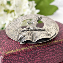 Carica l'immagine nel visualizzatore di Gallery, Victorian Scottish Silver Belted Garter & Stag Brooch. Antique Aesthetic Engraved Sterling Silver Ring Brooch. Victorian Plaid/Tartan Pin