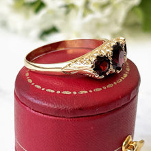 Carica l'immagine nel visualizzatore di Gallery, Vintage 9ct Gold Bohemian Garnet Ring. Edwardian Revival Trilogy Ring. Gold Scrollwork Ring. Antique Style Engagement Ring, Size Q-1/2/8-1/2