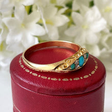 Carica l'immagine nel visualizzatore di Gallery, Antique 1901 18ct Gold, Turquoise & Rose Cut Diamond Ring. Victorian/Edwardian Boat Ring. Yellow Gold Band Ring Size Q-1/2 UK/ 8.5 USA