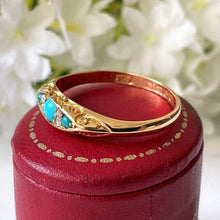 Carica l'immagine nel visualizzatore di Gallery, Antique 1901 18ct Gold, Turquoise & Rose Cut Diamond Ring. Victorian/Edwardian Boat Ring. Yellow Gold Band Ring Size Q-1/2 UK/ 8.5 USA
