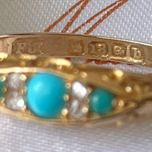 Carica l'immagine nel visualizzatore di Gallery, Antique 1901 18ct Gold, Turquoise & Rose Cut Diamond Ring. Victorian/Edwardian Boat Ring. Yellow Gold Band Ring Size Q-1/2 UK/ 8.5 USA
