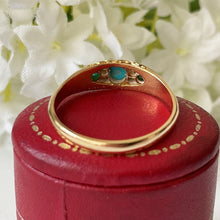 Carica l'immagine nel visualizzatore di Gallery, Antique 1901 18ct Gold, Turquoise & Rose Cut Diamond Ring. Victorian/Edwardian Boat Ring. Yellow Gold Band Ring Size Q-1/2 UK/ 8.5 USA