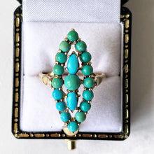 Carica l'immagine nel visualizzatore di Gallery, Vintage 9ct Gold Turquoise Marquise Ring. Yellow Gold Turquoise Cluster Ring. Gemstone Set Large Navette Ring. 1970s Statement Cocktail Ring