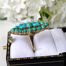 Carica l'immagine nel visualizzatore di Gallery, Vintage 9ct Gold Turquoise Marquise Ring. Yellow Gold Turquoise Cluster Ring. Gemstone Set Large Navette Ring. 1970s Statement Cocktail Ring