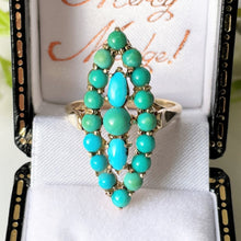 Carica l'immagine nel visualizzatore di Gallery, Vintage 9ct Gold Turquoise Marquise Ring. Yellow Gold Turquoise Cluster Ring. Gemstone Set Large Navette Ring. 1970s Statement Cocktail Ring