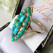 Carica l'immagine nel visualizzatore di Gallery, Vintage 9ct Gold Turquoise Marquise Ring. Yellow Gold Turquoise Cluster Ring. Gemstone Set Large Navette Ring. 1970s Statement Cocktail Ring