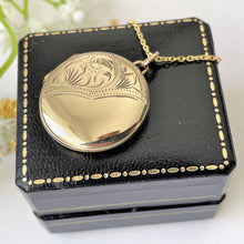 Carica l'immagine nel visualizzatore di Gallery, Vintage English 9ct Rolled Gold Round Locket. Floral & Fern Engraved 2-Photo Locket On Chain. Edwardian/Victorian Style Gold Locket Necklace