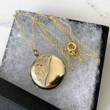 Carica l'immagine nel visualizzatore di Gallery, Vintage English 9ct Rolled Gold Round Locket. Floral & Fern Engraved 2-Photo Locket On Chain. Edwardian/Victorian Style Gold Locket Necklace
