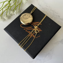 Carica l'immagine nel visualizzatore di Gallery, Vintage English 9ct Rolled Gold Round Locket. Floral & Fern Engraved 2-Photo Locket On Chain. Edwardian/Victorian Style Gold Locket Necklace