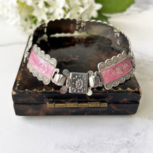 Carica l'immagine nel visualizzatore di Gallery, Art Deco Pink Guilloche Enamel Sterling Silver Bracelet. Vintage English Enamel Floral Rose Panel Bracelet. Harmony Made In England Bracelet