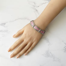 Carica l'immagine nel visualizzatore di Gallery, Art Deco Pink Guilloche Enamel Sterling Silver Bracelet. Vintage English Enamel Floral Rose Panel Bracelet. Harmony Made In England Bracelet