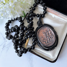 Cargar imagen en el visor de la galería, Vintage Art Deco Galalith & Bronze Pendant Necklace. 1930s Black Bakelite 30" Long Statement Necklace. Greek God Medallion Pendant Necklace.