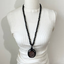 Cargar imagen en el visor de la galería, Vintage Art Deco Galalith & Bronze Pendant Necklace. 1930s Black Bakelite 30" Long Statement Necklace. Greek God Medallion Pendant Necklace.