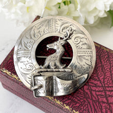 Carica l'immagine nel visualizzatore di Gallery, Victorian Scottish Silver Belted Garter & Stag Brooch. Antique Aesthetic Engraved Sterling Silver Ring Brooch. Victorian Plaid/Tartan Pin