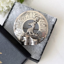 Carica l'immagine nel visualizzatore di Gallery, Victorian Scottish Silver Belted Garter & Stag Brooch. Antique Aesthetic Engraved Sterling Silver Ring Brooch. Victorian Plaid/Tartan Pin