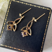 Carica l'immagine nel visualizzatore di Gallery, Vintage 14ct Gold Celtic Knot Amethyst Earrings. Yellow Gold Triquetra Eternity Earrings. Purple Gemstone Petite Drop Earrings