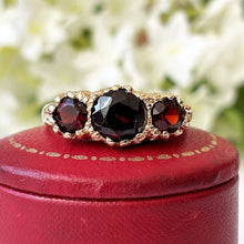 Carica l'immagine nel visualizzatore di Gallery, Vintage 9ct Gold Bohemian Garnet Ring. Edwardian Revival Trilogy Ring. Gold Scrollwork Ring. Antique Style Engagement Ring, Size Q-1/2/8-1/2