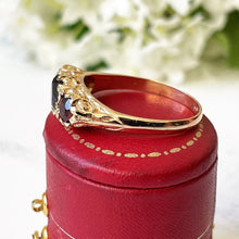 Carica l'immagine nel visualizzatore di Gallery, Vintage 9ct Gold Bohemian Garnet Ring. Edwardian Revival Trilogy Ring. Gold Scrollwork Ring. Antique Style Engagement Ring, Size Q-1/2/8-1/2