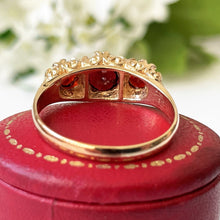 Carica l'immagine nel visualizzatore di Gallery, Vintage 9ct Gold Bohemian Garnet Ring. Edwardian Revival Trilogy Ring. Gold Scrollwork Ring. Antique Style Engagement Ring, Size Q-1/2/8-1/2