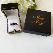 Carica l'immagine nel visualizzatore di Gallery, Vintage 9ct Gold Bohemian Garnet Ring. Edwardian Revival Trilogy Ring. Gold Scrollwork Ring. Antique Style Engagement Ring, Size Q-1/2/8-1/2