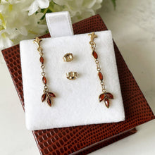 Carica l'immagine nel visualizzatore di Gallery, Vintage 9ct Gold Marquise Garnet Drop Earrings. Edwardian Style Bohemian Garnet Long Dangle Earrings. Delicate Gold Gem Set Pendant Earrings