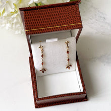 Carica l'immagine nel visualizzatore di Gallery, Vintage 9ct Gold Marquise Garnet Drop Earrings. Edwardian Style Bohemian Garnet Long Dangle Earrings. Delicate Gold Gem Set Pendant Earrings