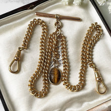 Carica l'immagine nel visualizzatore di Gallery, Antique Victorian 18ct Rolled Gold Double Albert Chain & Fob. Gold Filled Albertina Curb Chain Necklace, Scarab Charm, 2 Dog Clips and T-Bar