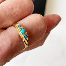 Carica l'immagine nel visualizzatore di Gallery, Antique 1901 18ct Gold, Turquoise & Rose Cut Diamond Ring. Victorian/Edwardian Boat Ring. Yellow Gold Band Ring Size Q-1/2 UK/ 8.5 USA