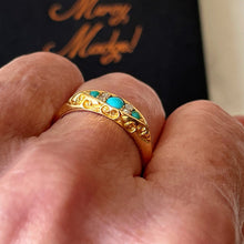 Carica l'immagine nel visualizzatore di Gallery, Antique 1901 18ct Gold, Turquoise & Rose Cut Diamond Ring. Victorian/Edwardian Boat Ring. Yellow Gold Band Ring Size Q-1/2 UK/ 8.5 USA
