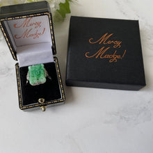 Carica l'immagine nel visualizzatore di Gallery, Art Deco Sterling Silver Hand-Carved Jade Ring. Antique 1920s Apple Green Nephrite Jade Ring. Rectangular Green Gemstone Cocktail Ring