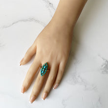 Carica l'immagine nel visualizzatore di Gallery, Vintage 9ct Gold Turquoise Marquise Ring. Yellow Gold Turquoise Cluster Ring. Gemstone Set Large Navette Ring. 1970s Statement Cocktail Ring
