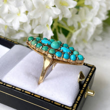 Carica l'immagine nel visualizzatore di Gallery, Vintage 9ct Gold Turquoise Marquise Ring. Yellow Gold Turquoise Cluster Ring. Gemstone Set Large Navette Ring. 1970s Statement Cocktail Ring