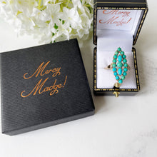 Carica l'immagine nel visualizzatore di Gallery, Vintage 9ct Gold Turquoise Marquise Ring. Yellow Gold Turquoise Cluster Ring. Gemstone Set Large Navette Ring. 1970s Statement Cocktail Ring