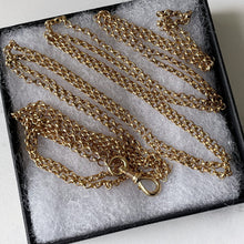 Carica l'immagine nel visualizzatore di Gallery, Victorian 15ct Rolled Gold 55" Long Guard Chain. Antique Yellow Gold Belcher Chain Necklace & Fancy Clip. Gold Muff/Chatelaine/Sautoir Chain