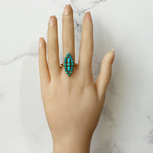 Carica l'immagine nel visualizzatore di Gallery, Vintage 9ct Gold Turquoise Marquise Ring. Yellow Gold Turquoise Cluster Ring. Gemstone Set Large Navette Ring. 1970s Statement Cocktail Ring