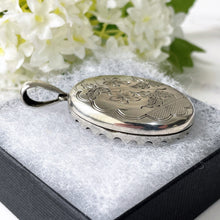 Carica l'immagine nel visualizzatore di Gallery, Antique Victorian Sterling Silver Locket. Aesthetic Engraved Lily & Carnation 2-Sided Locket With Period Photos. Victorian Love Token Locket